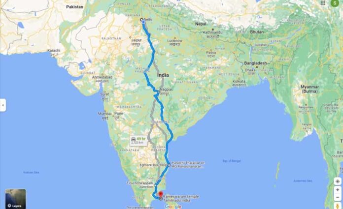 Route Map to Rameswaram Temple from Delhi